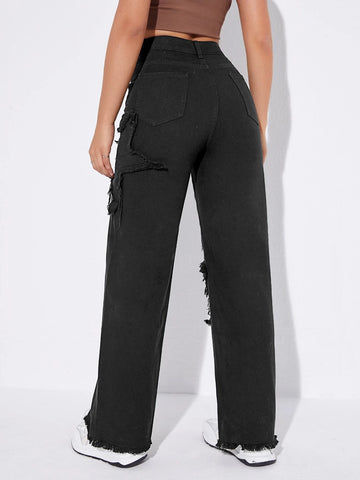 High Waist Raw Trim Wide Leg Jeans