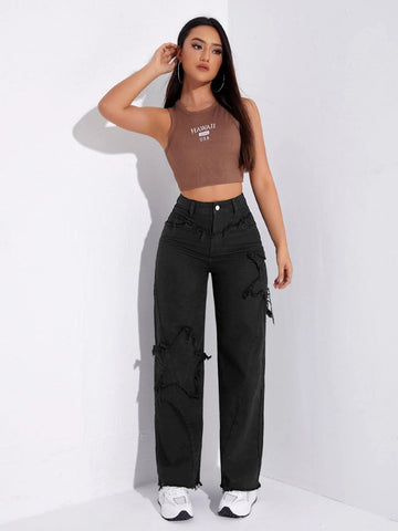 High Waist Raw Trim Wide Leg Jeans