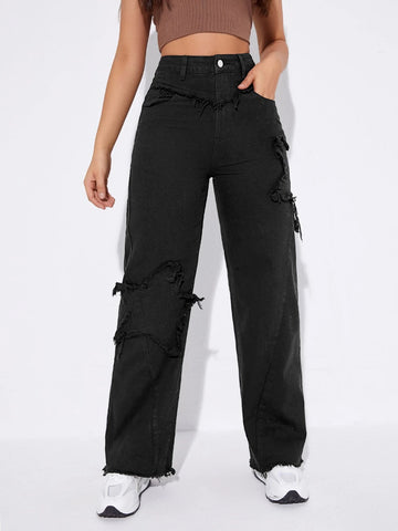 High Waist Raw Trim Wide Leg Jeans