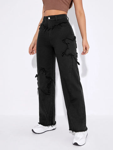 High Waist Raw Trim Wide Leg Jeans