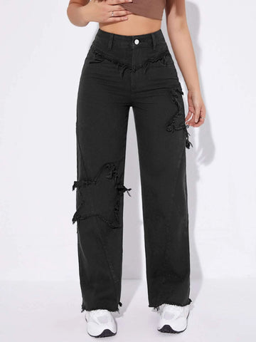 High Waist Raw Trim Wide Leg Jeans