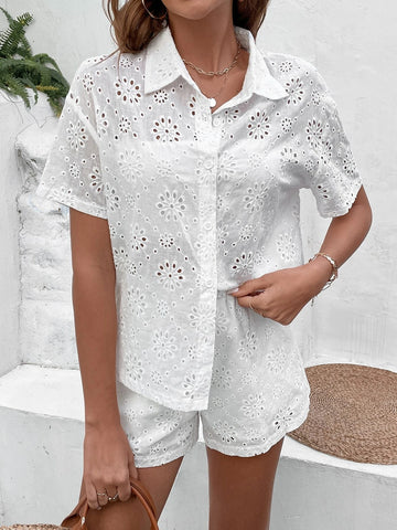 Eyelet Embroidery Drop Shoulder Shirt & Shorts