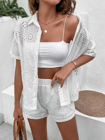 Eyelet Embroidery Drop Shoulder Shirt & Shorts