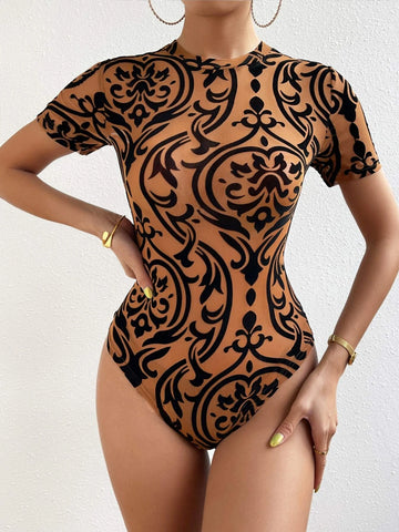 Baroque Print Mock Neck Bodysuit