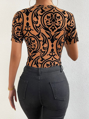 Baroque Print Mock Neck Bodysuit