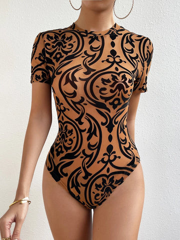 Baroque Print Mock Neck Bodysuit