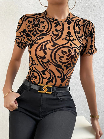 Baroque Print Mock Neck Bodysuit