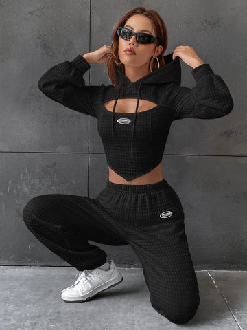 EZwear Letter Patched Detail Cutout Drawstring Hoodie & Sweatpants