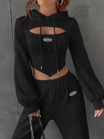 EZwear Letter Patched Detail Cutout Drawstring Hoodie & Sweatpants