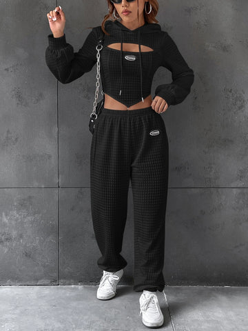 EZwear Letter Patched Detail Cutout Drawstring Hoodie & Sweatpants