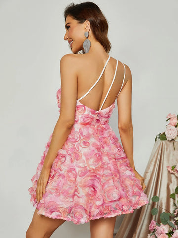 One Shoulder Appliques Mesh Overlay Dress