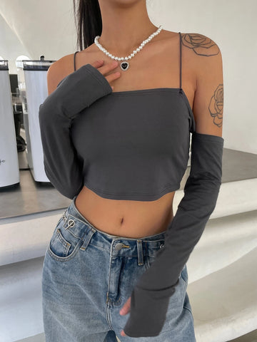 DAZY Solid Crisscross Backless Cold Shoulder Crop Cami Top