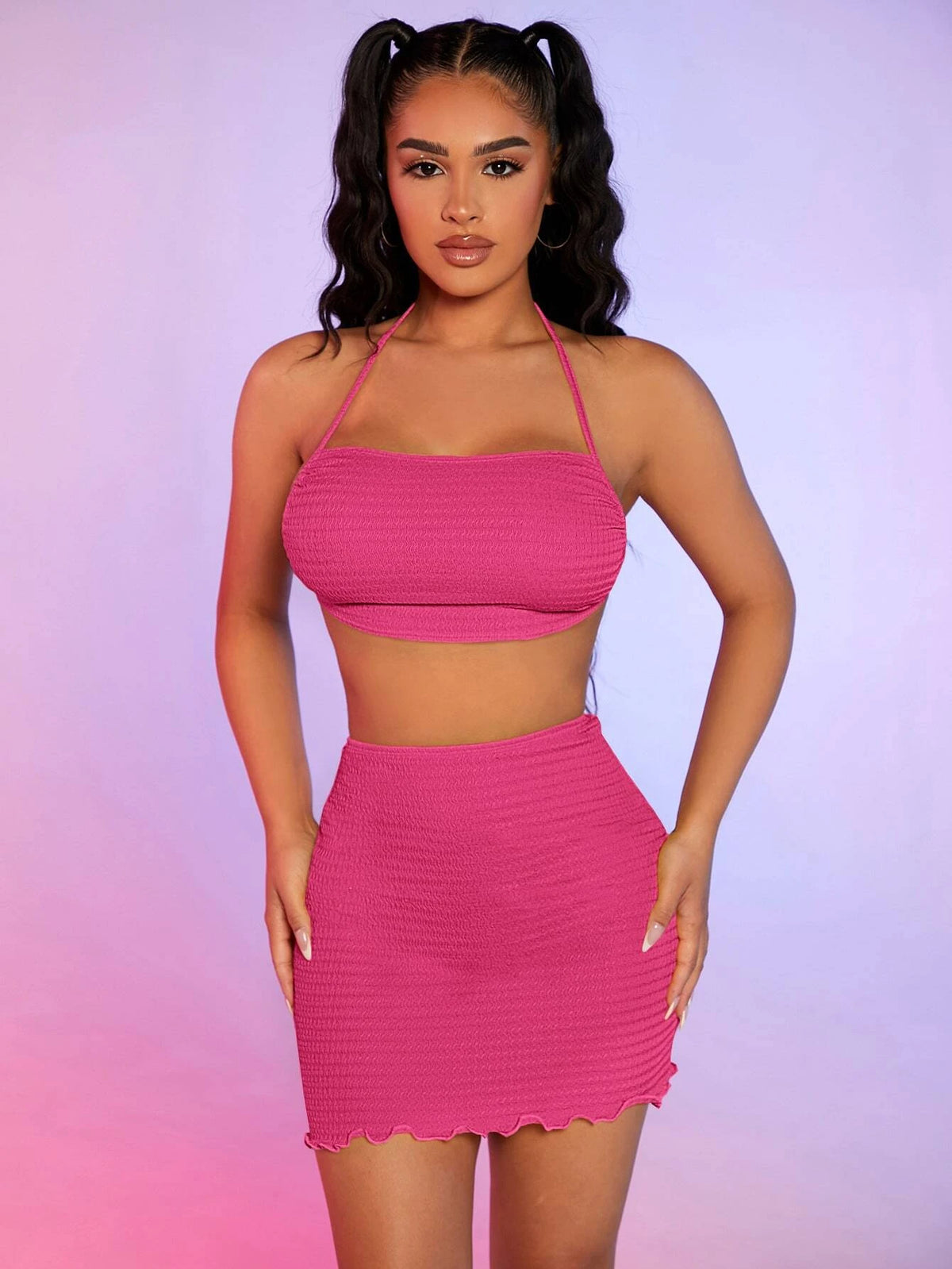 Textured Tie Backless Halter Top & Lettuce Trim Skirt