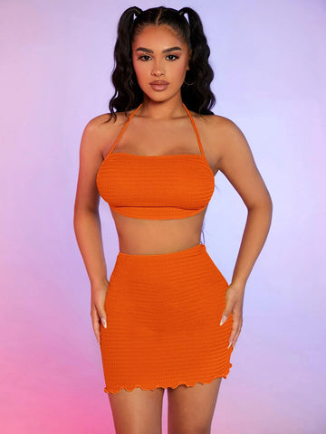 Textured Tie Backless Halter Top & Lettuce Trim Skirt