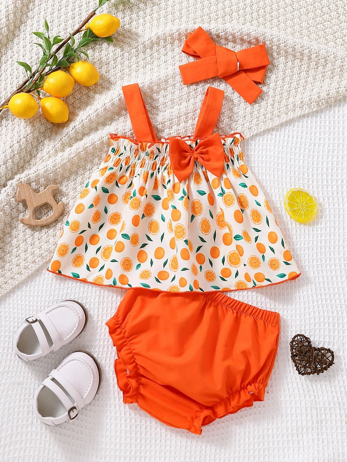 Baby Lemon Print Bow Front Cami Top & Frill Trim Shorts & Headband