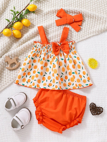 Baby Lemon Print Bow Front Cami Top & Frill Trim Shorts & Headband