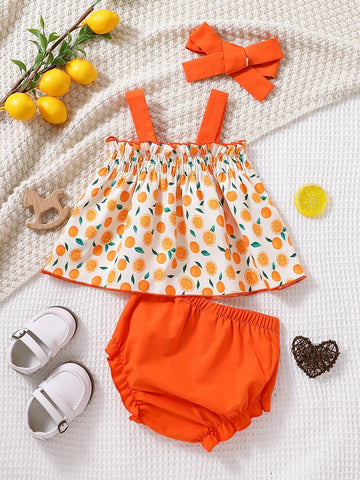 Baby Lemon Print Bow Front Cami Top & Frill Trim Shorts & Headband