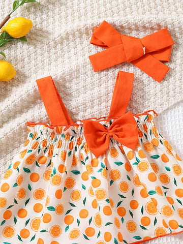 Baby Lemon Print Bow Front Cami Top & Frill Trim Shorts & Headband