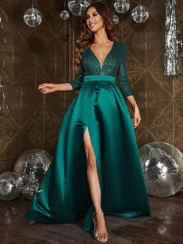 Plunging Neck Split Thigh Sequin Insert Satin Formal Dress