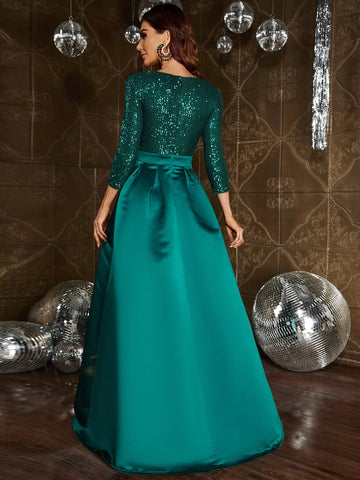 Plunging Neck Split Thigh Sequin Insert Satin Formal Dress