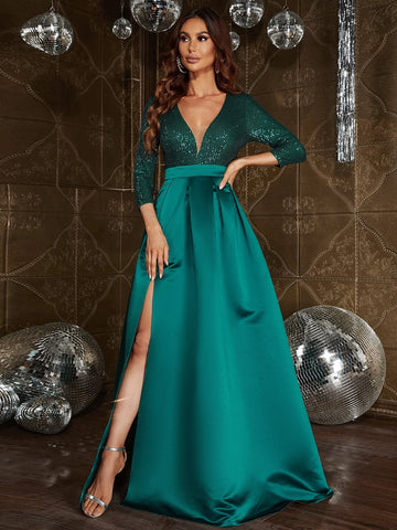 Plunging Neck Split Thigh Sequin Insert Satin Formal Dress