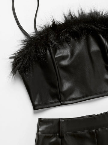Fuzzy Trim PU Leather Cami Top & Shorts