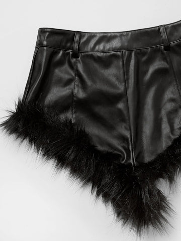 Fuzzy Trim PU Leather Cami Top & Shorts