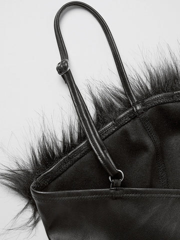 Fuzzy Trim PU Leather Cami Top & Shorts