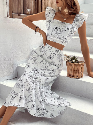 VCAY Plants Print Ruffle Trim Crop Top & Ruffle Hem Skirt