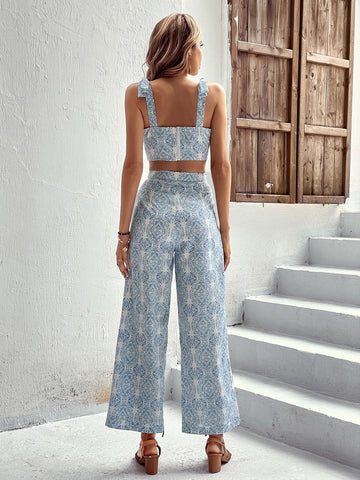 VCAY Allover Print Tie Shoulder Cami Top & Wide Leg Pants