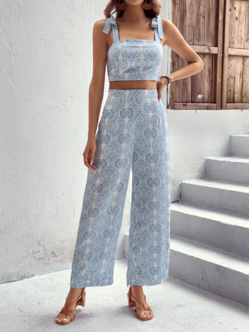 VCAY Allover Print Tie Shoulder Cami Top & Wide Leg Pants