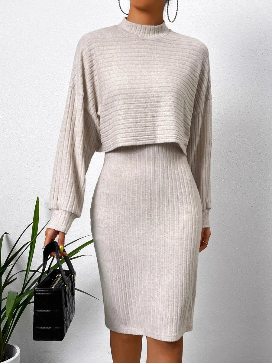 Mock Neck Drop Shoulder Crop Tee & Bodycon Dress