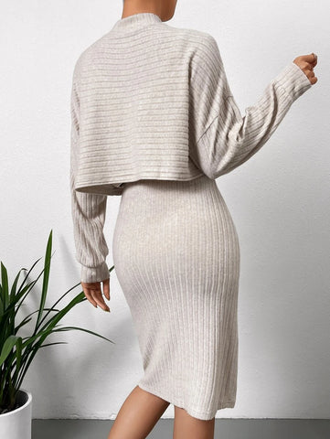 Mock Neck Drop Shoulder Crop Tee & Bodycon Dress