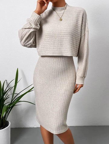 Mock Neck Drop Shoulder Crop Tee & Bodycon Dress