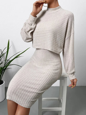 Mock Neck Drop Shoulder Crop Tee & Bodycon Dress