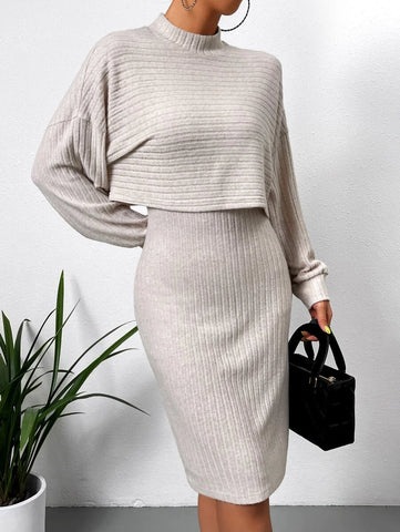 Mock Neck Drop Shoulder Crop Tee & Bodycon Dress