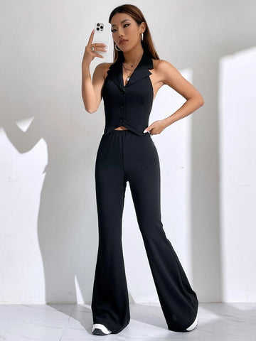 EZwear Button Front Lapel Neck Halter Top & Flare Leg Pants