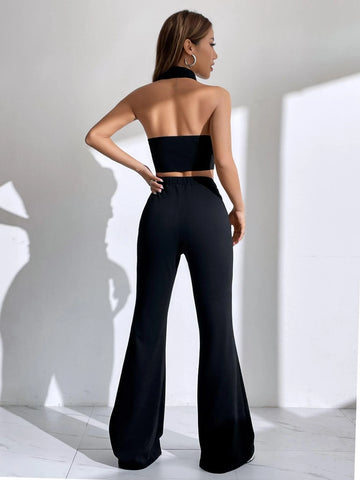 EZwear Button Front Lapel Neck Halter Top & Flare Leg Pants
