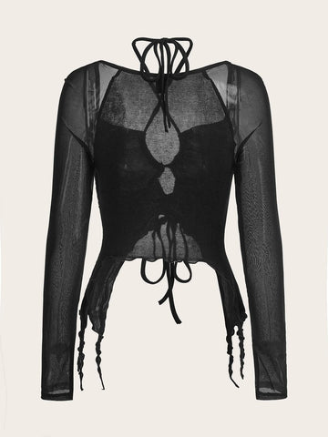 ROMWE PUNK Grunge Crisscross Tie Back Drawstring Front Asymmetrical Hem Top