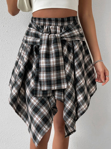 Plaid Print Knot Front Asymmetrical Hem Skirt