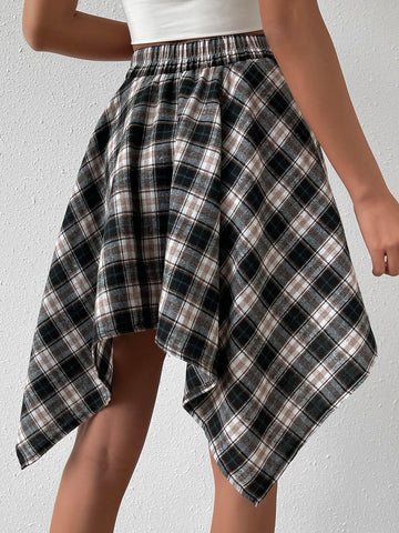 Plaid Print Knot Front Asymmetrical Hem Skirt