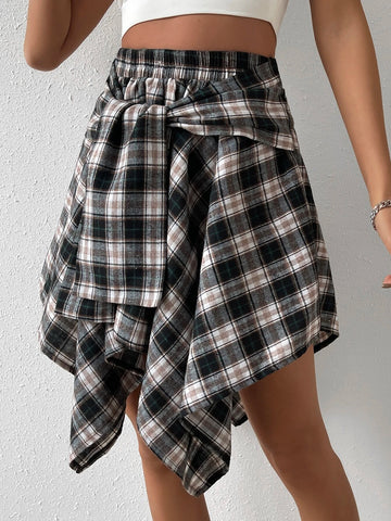 Plaid Print Knot Front Asymmetrical Hem Skirt