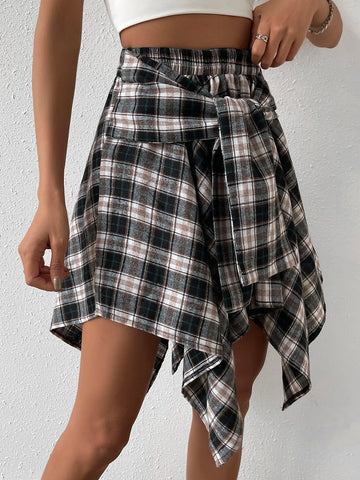 Plaid Print Knot Front Asymmetrical Hem Skirt