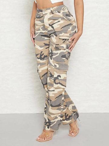 SXY High Waist Flap Pocket Cargo Jeans