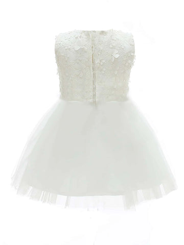 Baby Bow Front Floral Applique Mesh Hem Party Dress