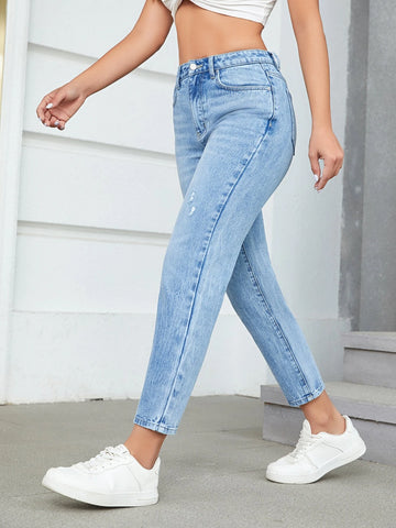 High Waist Ripped Mom Fit Jeans