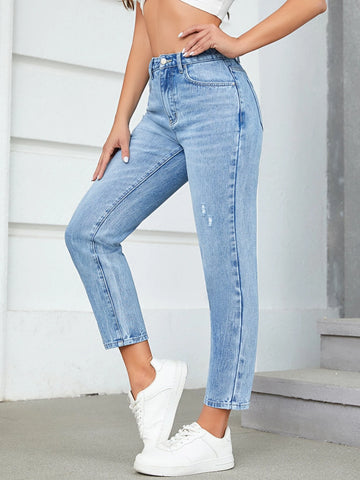 High Waist Ripped Mom Fit Jeans