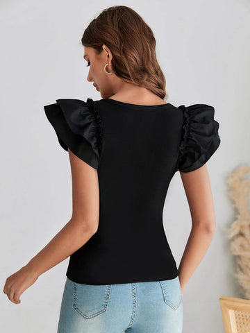 EMERY ROSE Ruffle Trim V Neck Tee