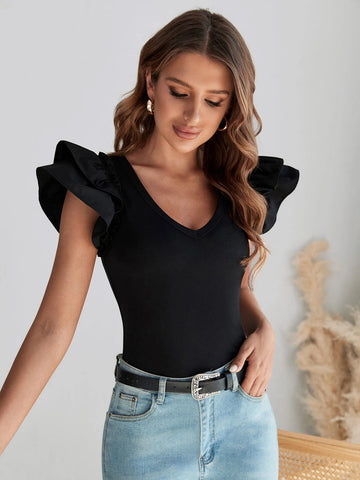 EMERY ROSE Ruffle Trim V Neck Tee