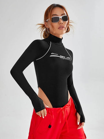 Slogan Graphic Contrast Piping Thumbholes Tee Bodysuit